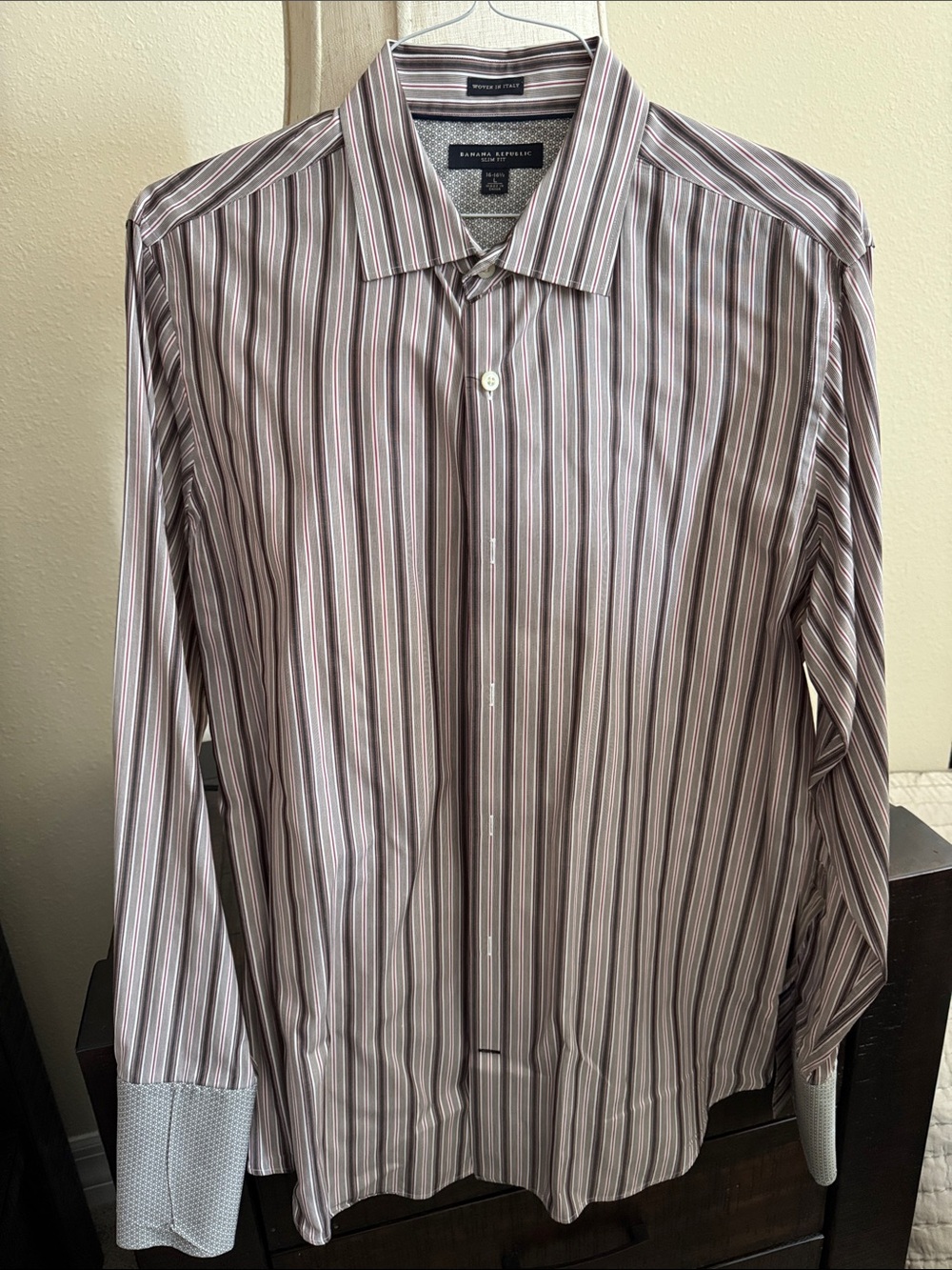 Large Banana Republic Men’s Brown, Red and White Striped Dress Shirt